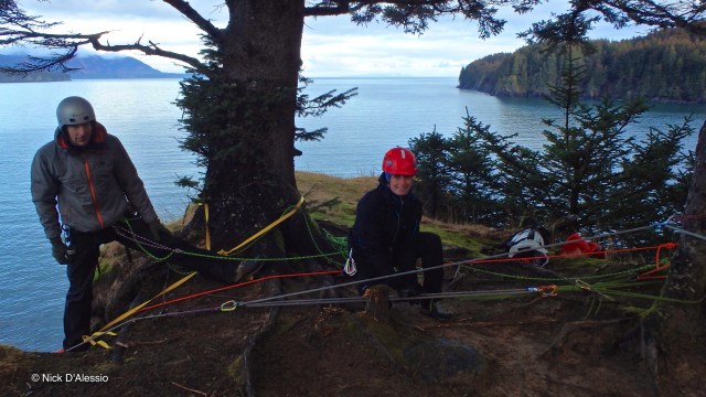 KISAR members working on raise and lower systems for high angle rescues 